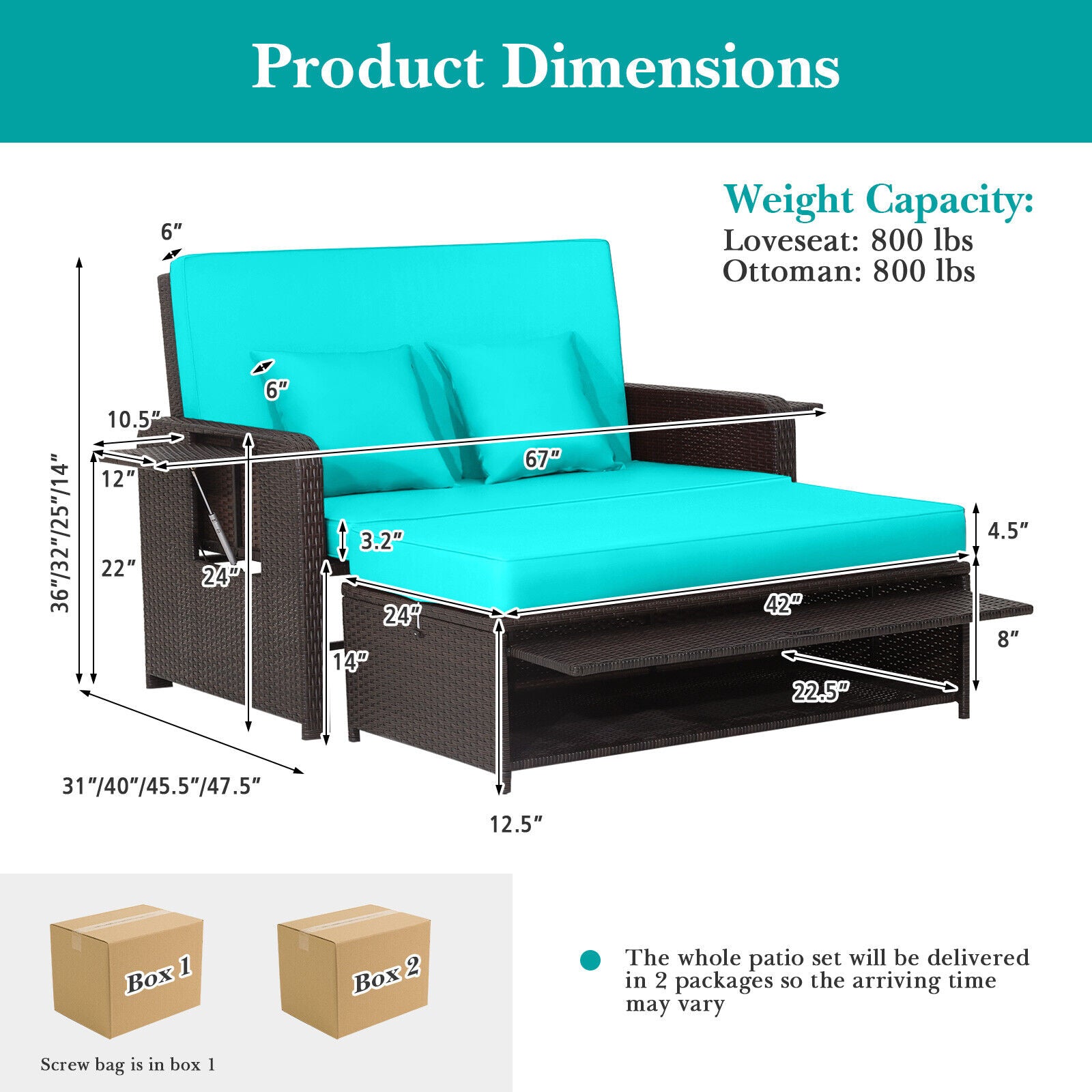 Patio Rattan Daybed, Adjustable Backrest, Retractable Side Tray, Turquoise Outdoor Sectionals at Gallery Canada