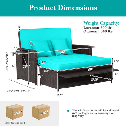Patio Rattan Daybed, Adjustable Backrest, Retractable Side Tray, Turquoise Outdoor Sectionals at Gallery Canada