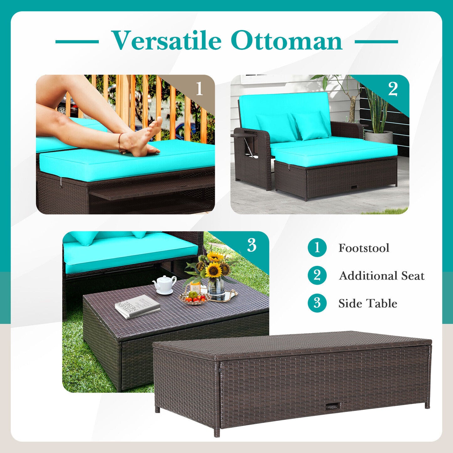 Patio Rattan Daybed, Adjustable Backrest, Retractable Side Tray, Turquoise Outdoor Sectionals at Gallery Canada