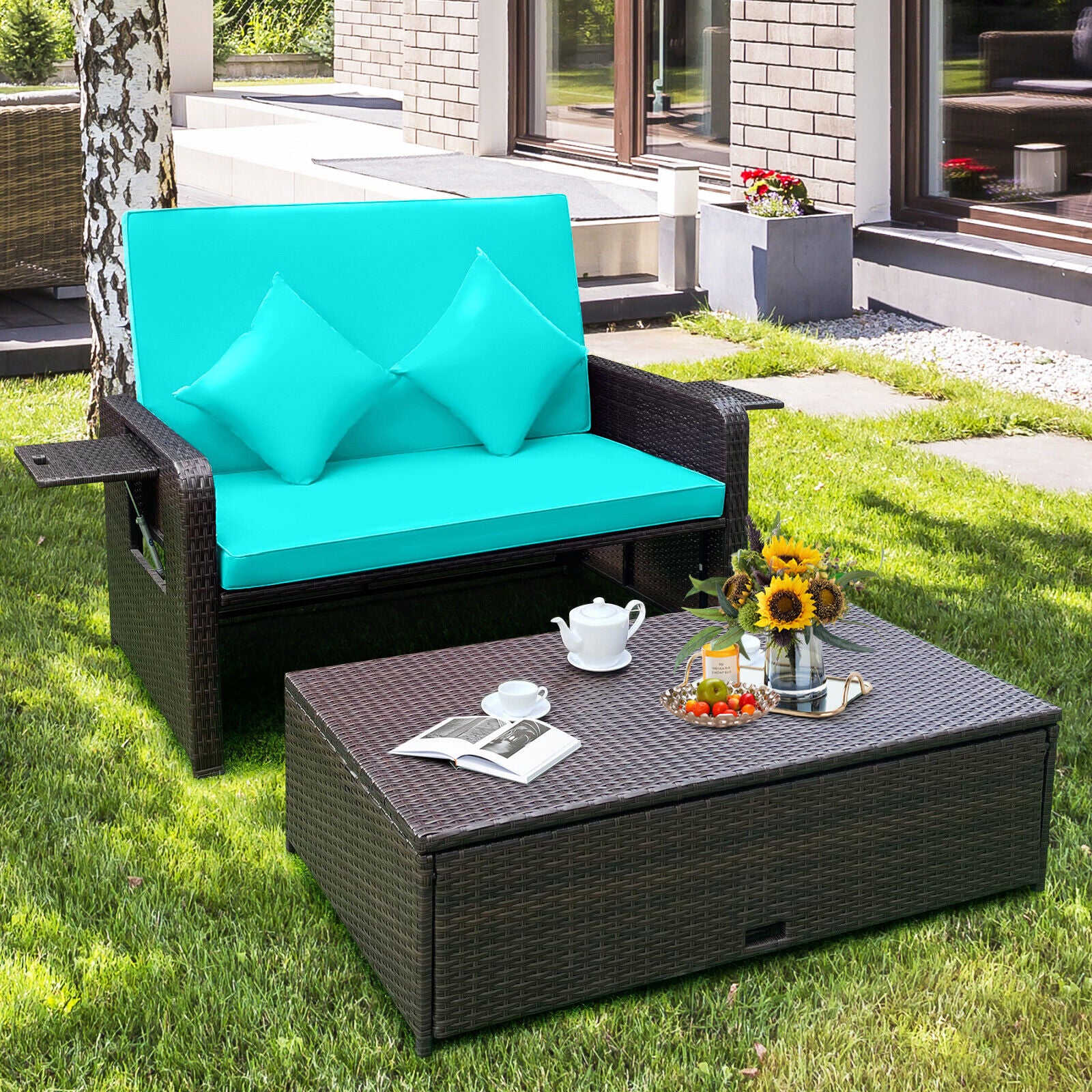 Patio Rattan Daybed, Adjustable Backrest, Retractable Side Tray, Turquoise Outdoor Sectionals at Gallery Canada