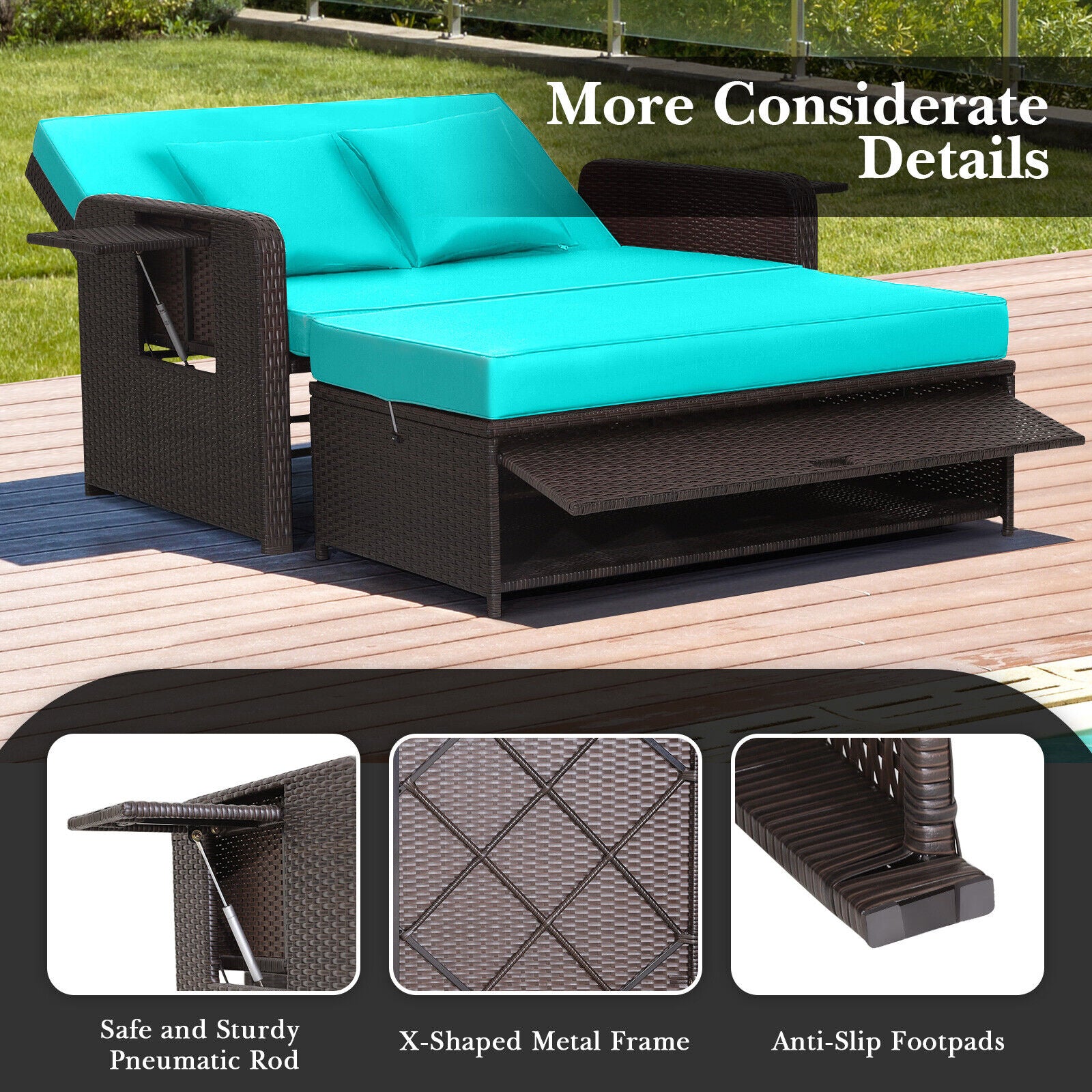 Patio Rattan Daybed, Adjustable Backrest, Retractable Side Tray, Turquoise Outdoor Sectionals at Gallery Canada