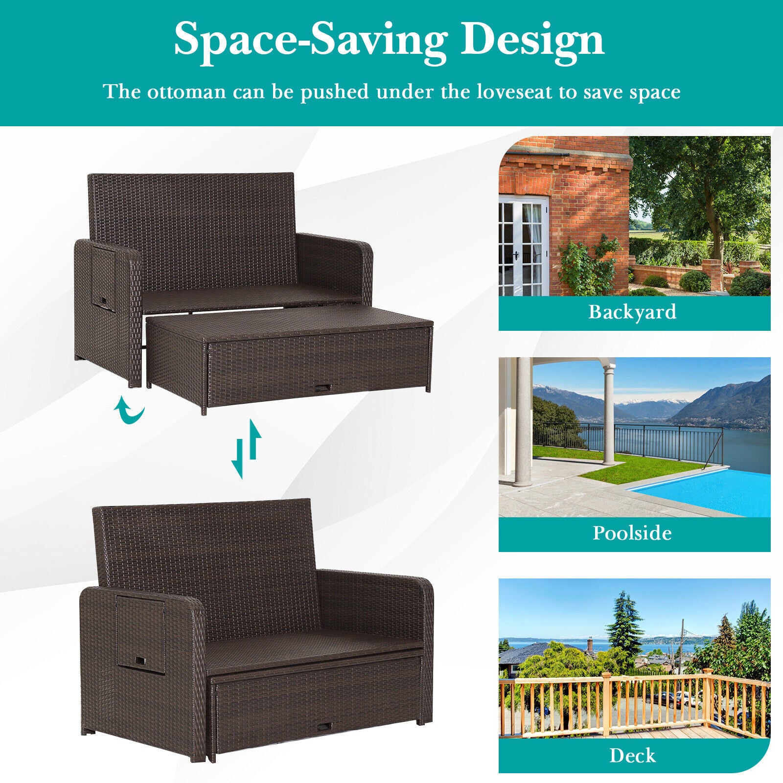 Patio Rattan Daybed, Adjustable Backrest, Retractable Side Tray, Turquoise Outdoor Sectionals at Gallery Canada