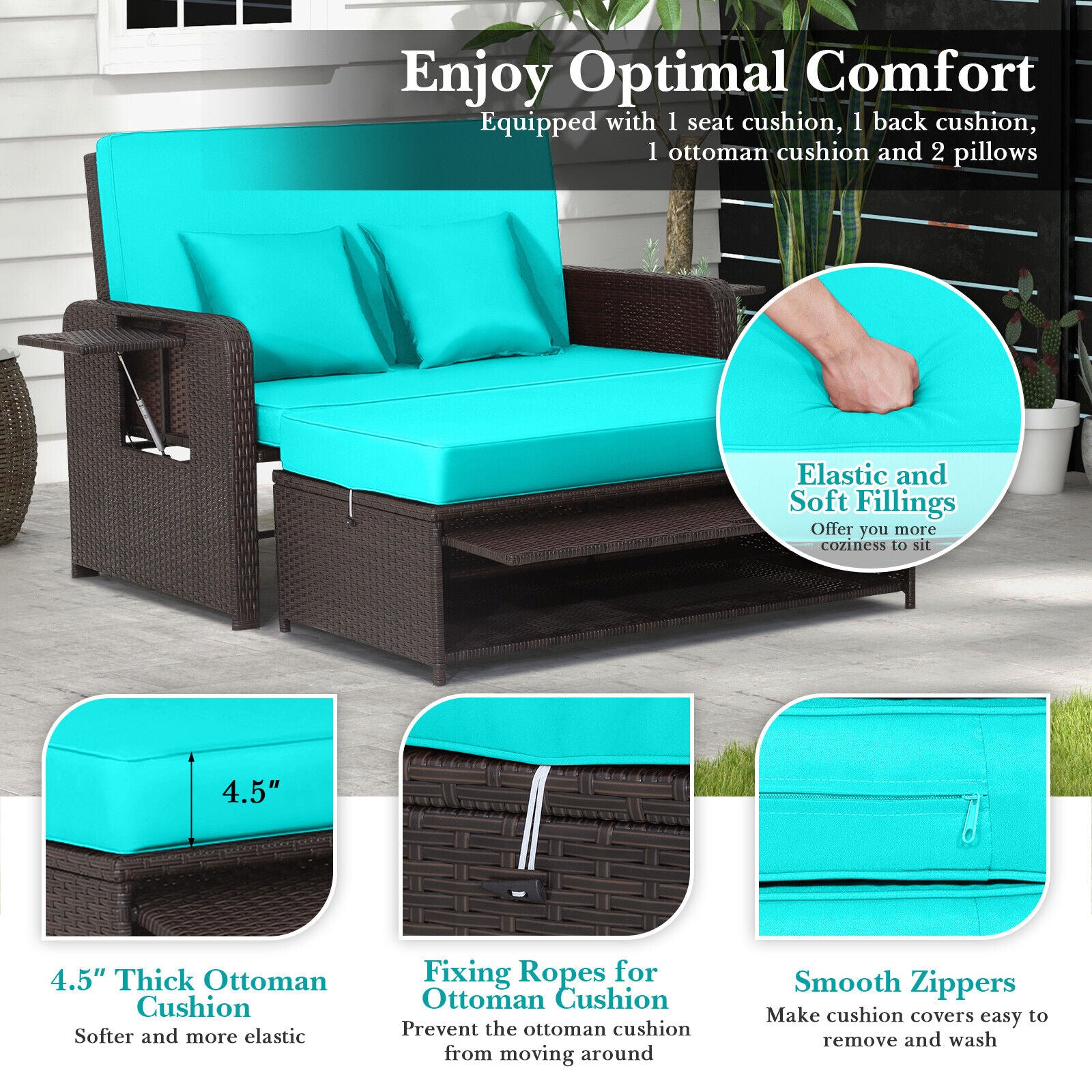 Patio Rattan Daybed, Adjustable Backrest, Retractable Side Tray, Turquoise Outdoor Sectionals at Gallery Canada
