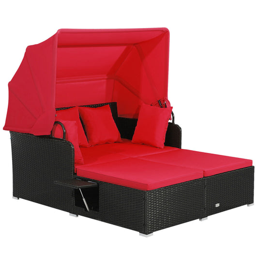Rattan Daybed With Retractable Canopy, Side Tables, Red Outdoor Sectionals Red at Gallery Canada