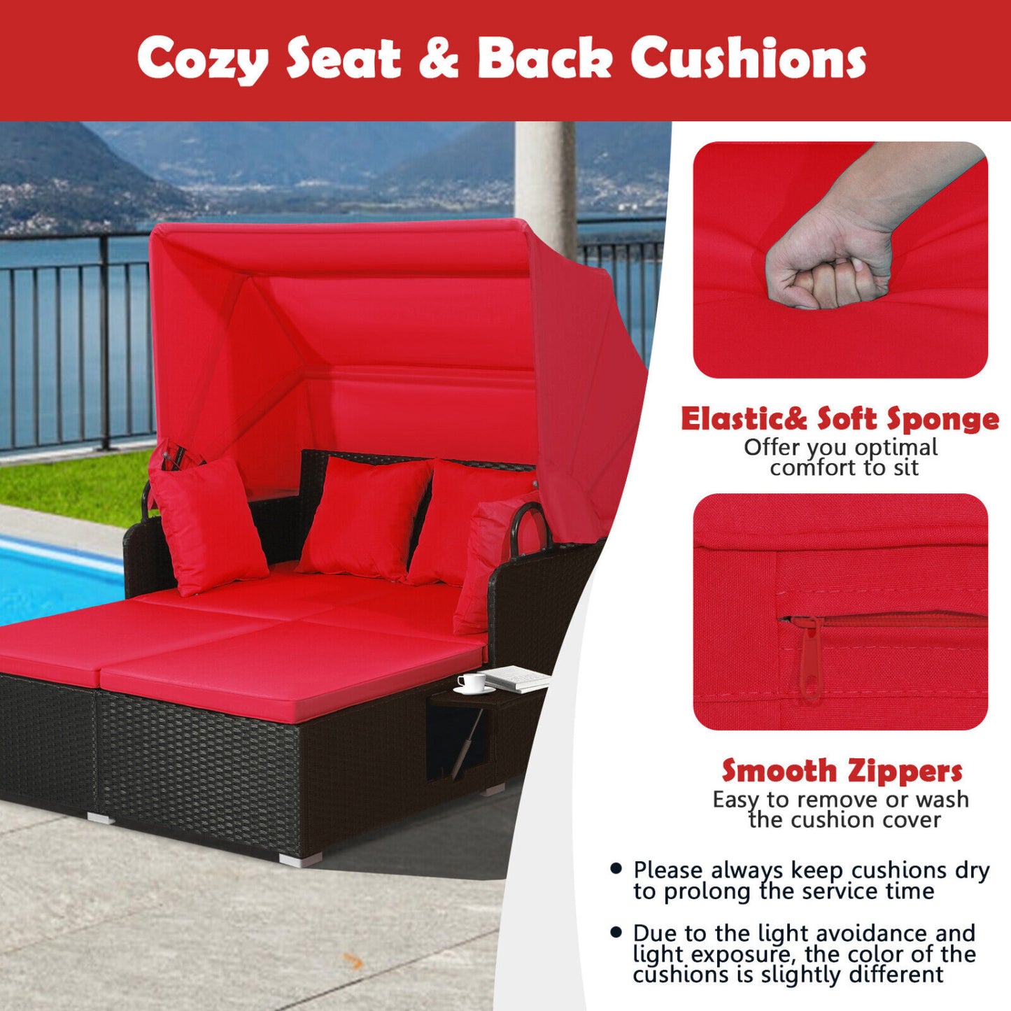 Rattan Daybed With Retractable Canopy, Side Tables, Red Outdoor Sectionals at Gallery Canada