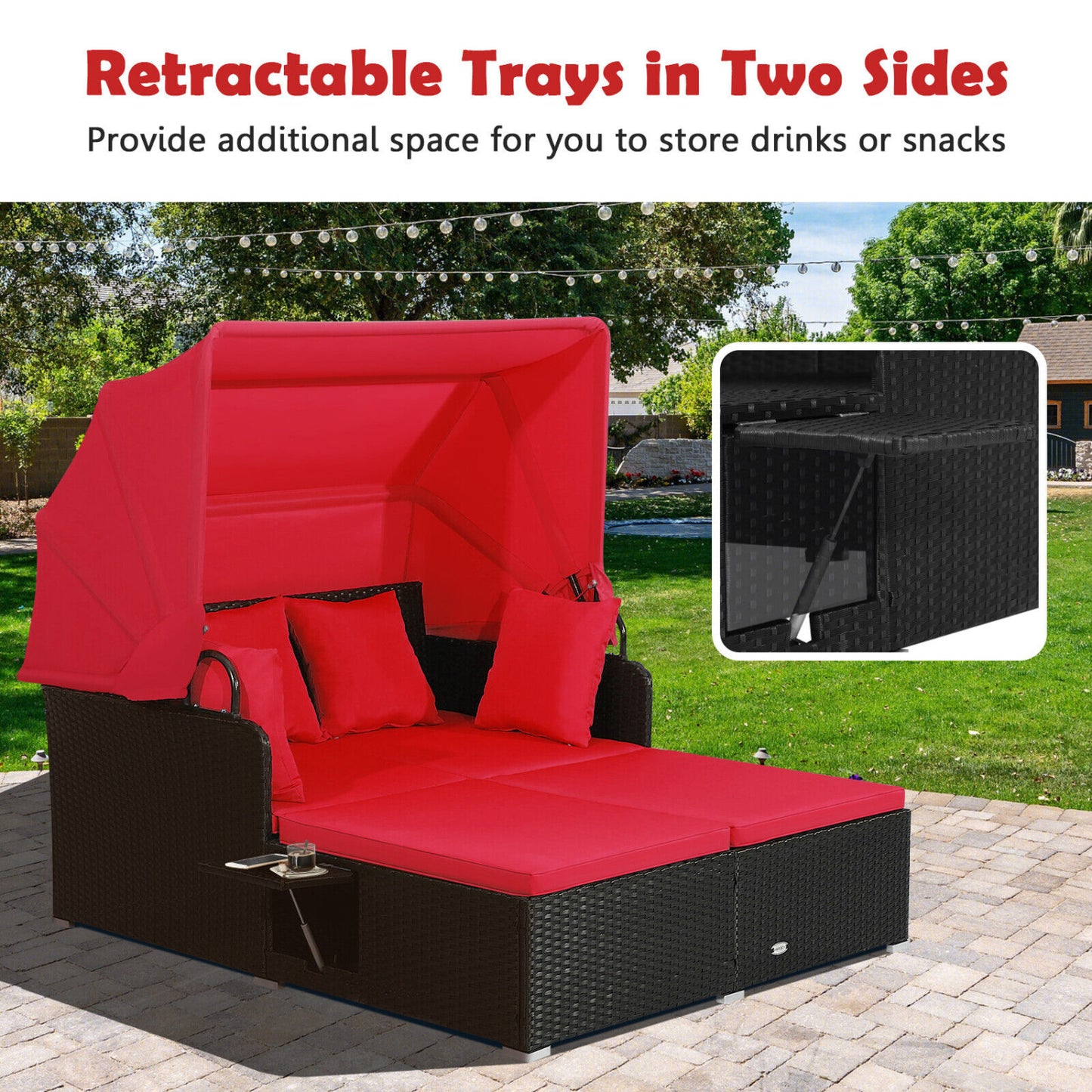 Rattan Daybed With Retractable Canopy, Side Tables, Red Outdoor Sectionals at Gallery Canada