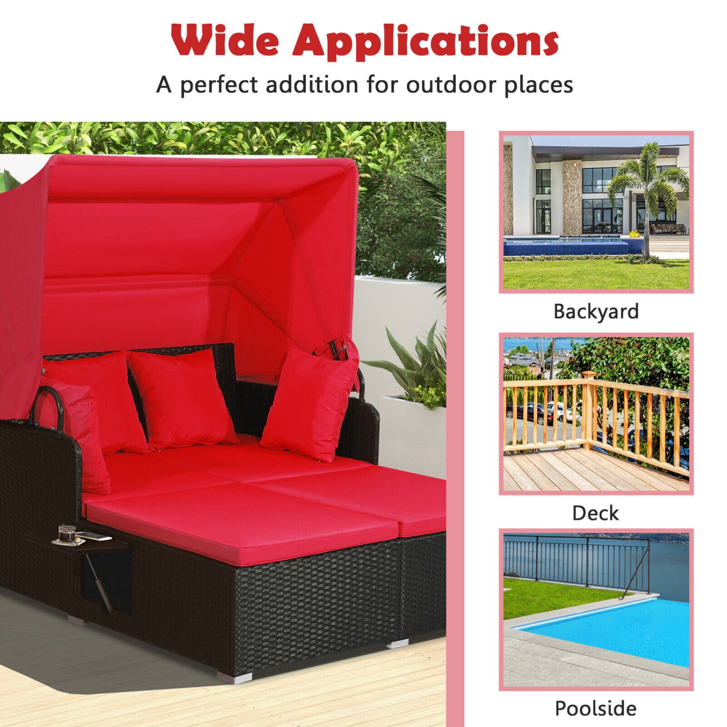 Rattan Daybed With Retractable Canopy, Side Tables, Red Outdoor Sectionals at Gallery Canada