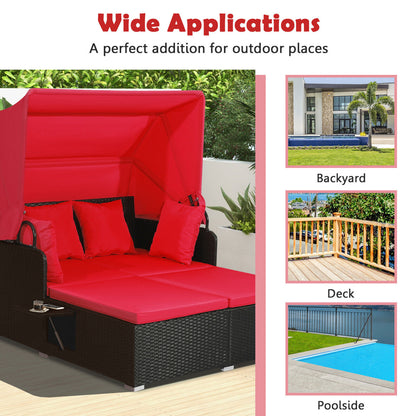 Rattan Daybed With Retractable Canopy, Side Tables, Red Outdoor Sectionals at Gallery Canada
