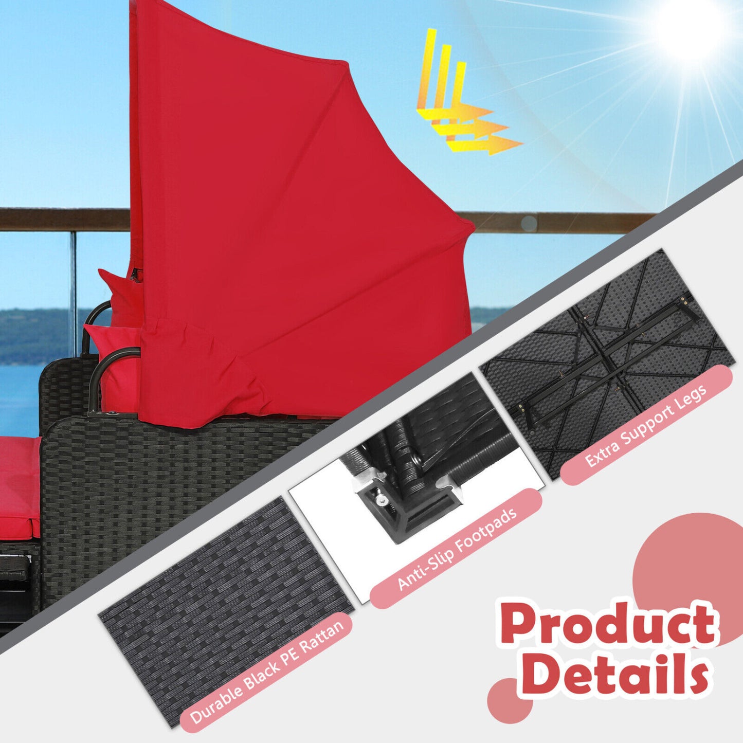 Rattan Daybed With Retractable Canopy, Side Tables, Red Outdoor Sectionals at Gallery Canada
