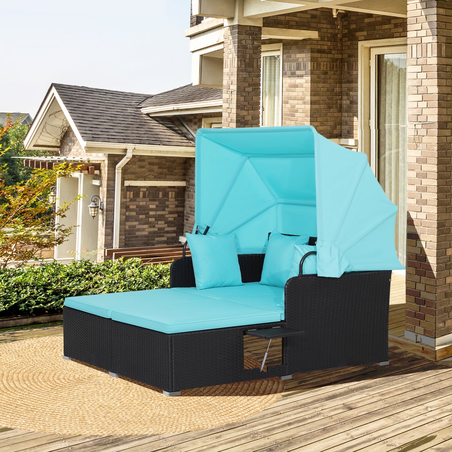 Patio Rattan Daybed With Retractable Canopy, Turquoise Outdoor Sectionals at Gallery Canada