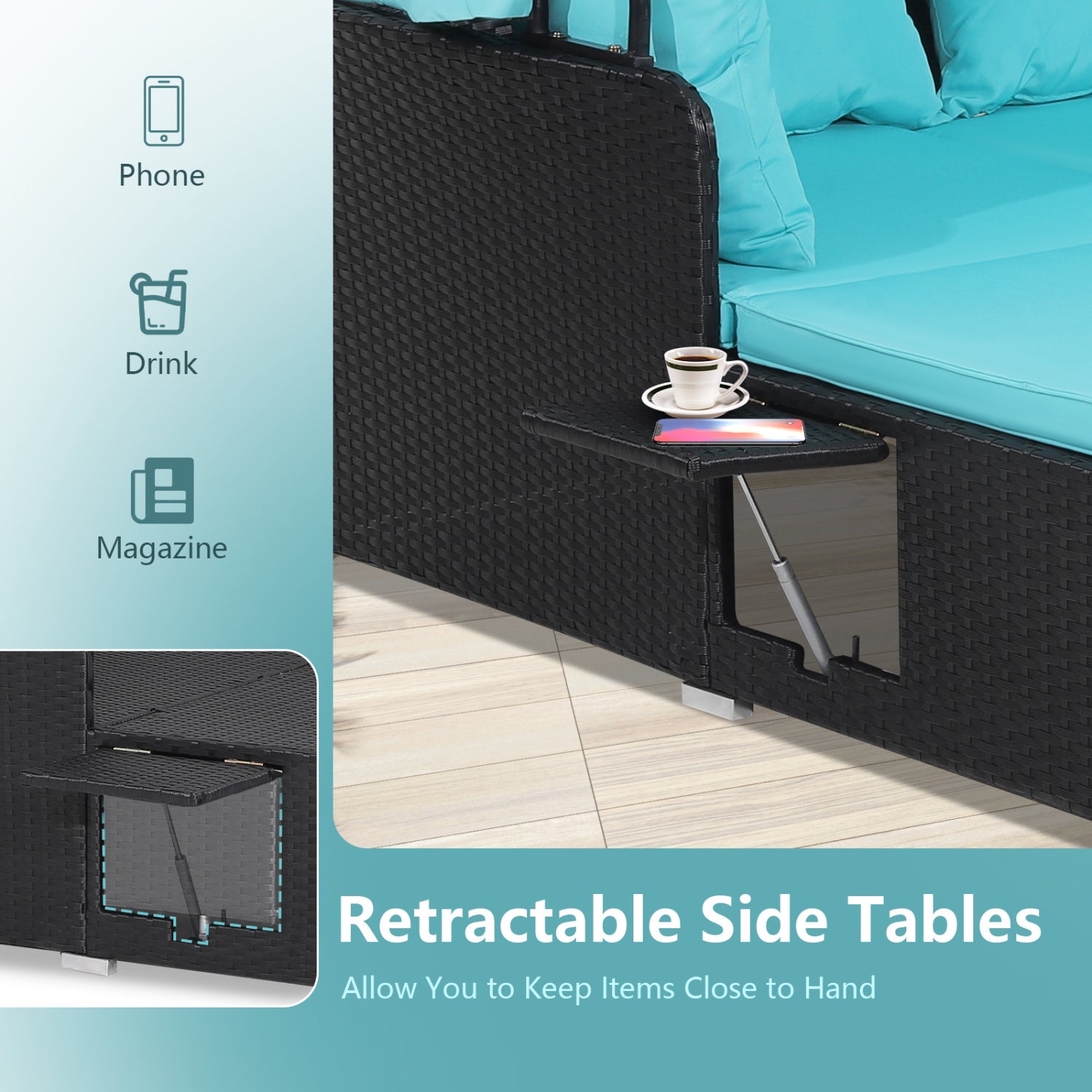 Patio Rattan Daybed With Retractable Canopy, Turquoise Outdoor Sectionals at Gallery Canada