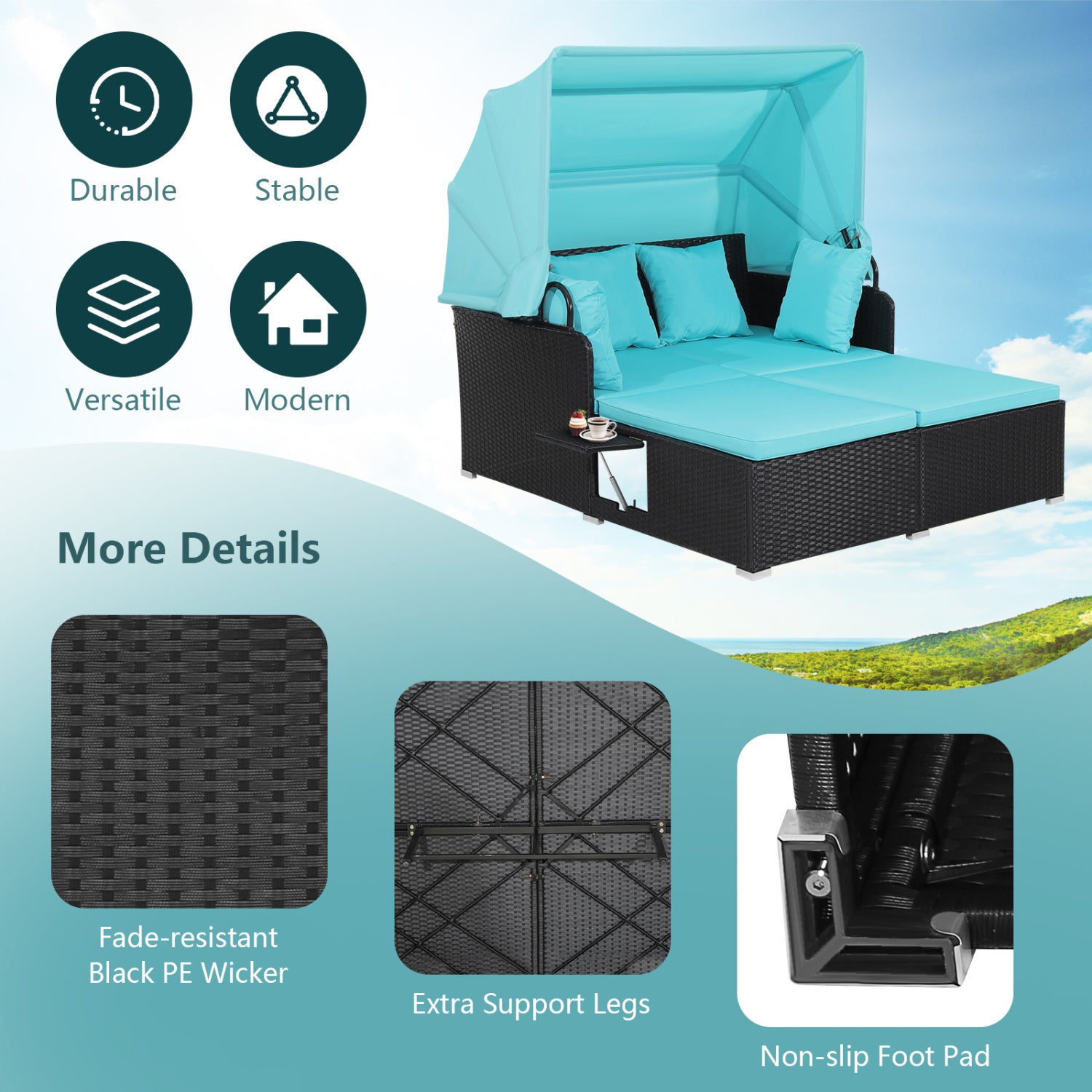 Patio Rattan Daybed With Retractable Canopy, Turquoise Outdoor Sectionals at Gallery Canada