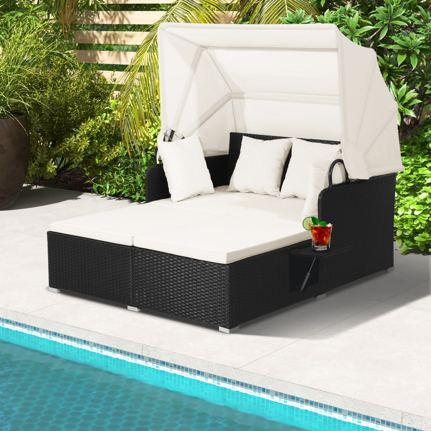 Patio Rattan Daybed, Retractable Canopy, Side Tables, Off White Outdoor Sectionals at Gallery Canada