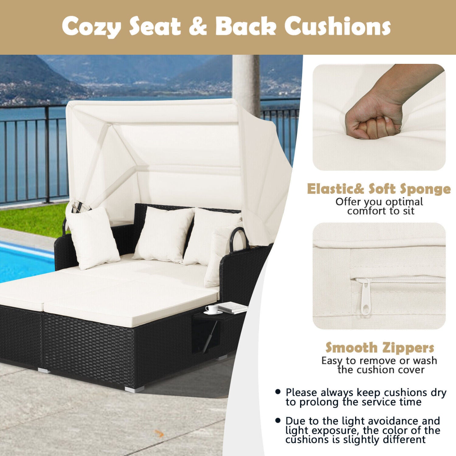 Patio Rattan Daybed, Retractable Canopy, Side Tables, Off White Outdoor Sectionals at Gallery Canada