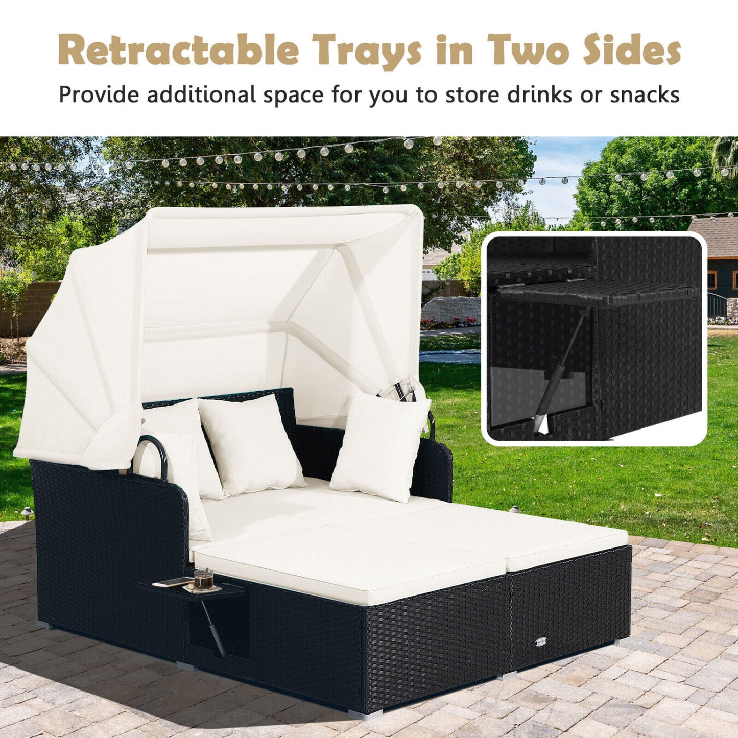 Patio Rattan Daybed, Retractable Canopy, Side Tables, Off White Outdoor Sectionals at Gallery Canada