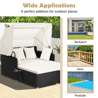 Patio Rattan Daybed, Retractable Canopy, Side Tables, Off White Outdoor Sectionals at Gallery Canada