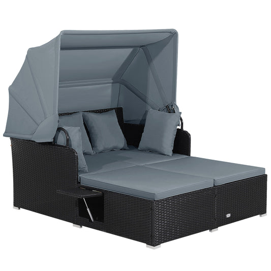 Patio Rattan Daybed With Retractable Canopy, Side Tables, Gray Outdoor Sectionals Gray at Gallery Canada
