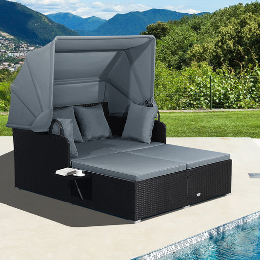 Patio Rattan Daybed With Retractable Canopy, Side Tables, Gray Outdoor Sectionals Gray at Gallery Canada
