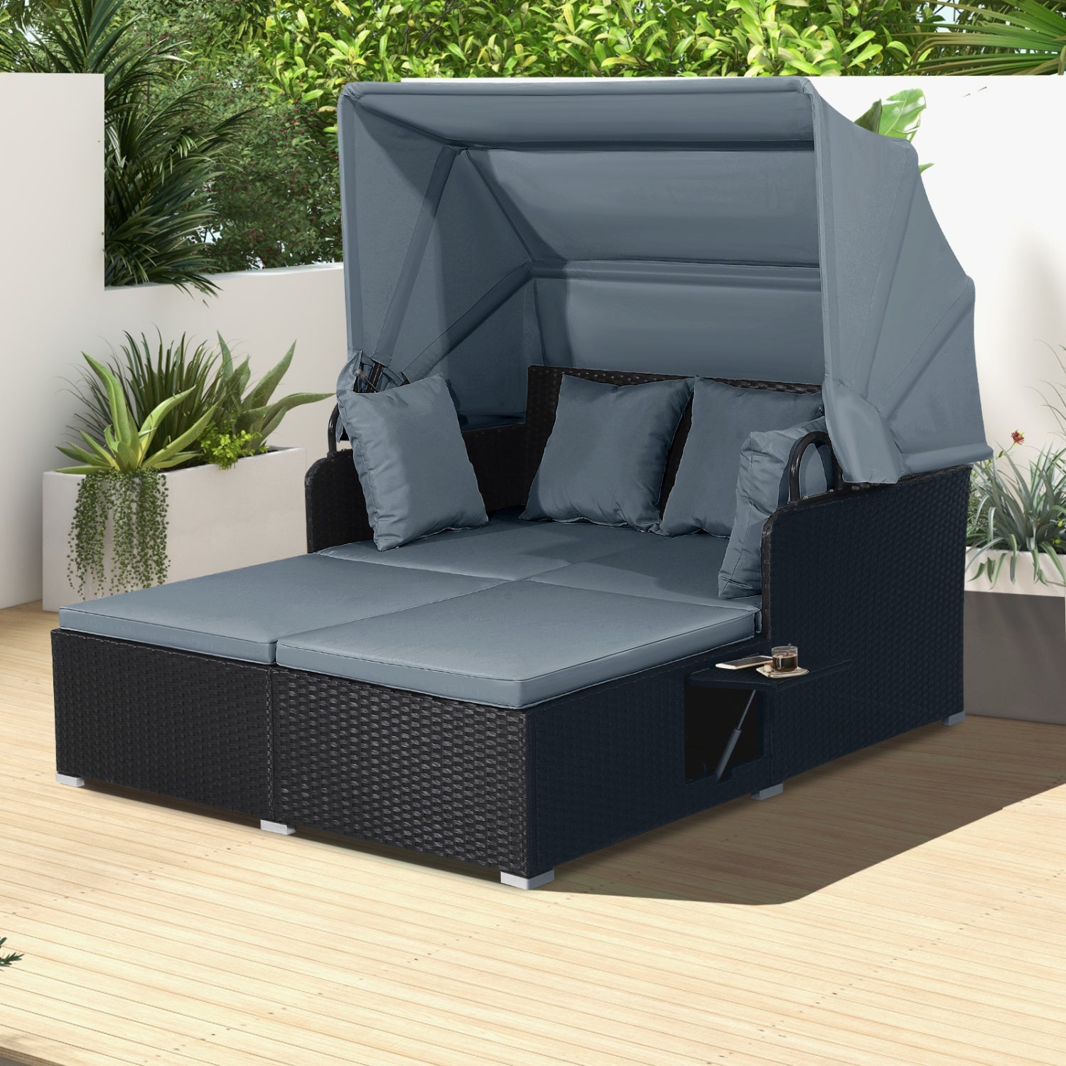 Patio Rattan Daybed With Retractable Canopy, Side Tables, Gray Outdoor Sectionals at Gallery Canada