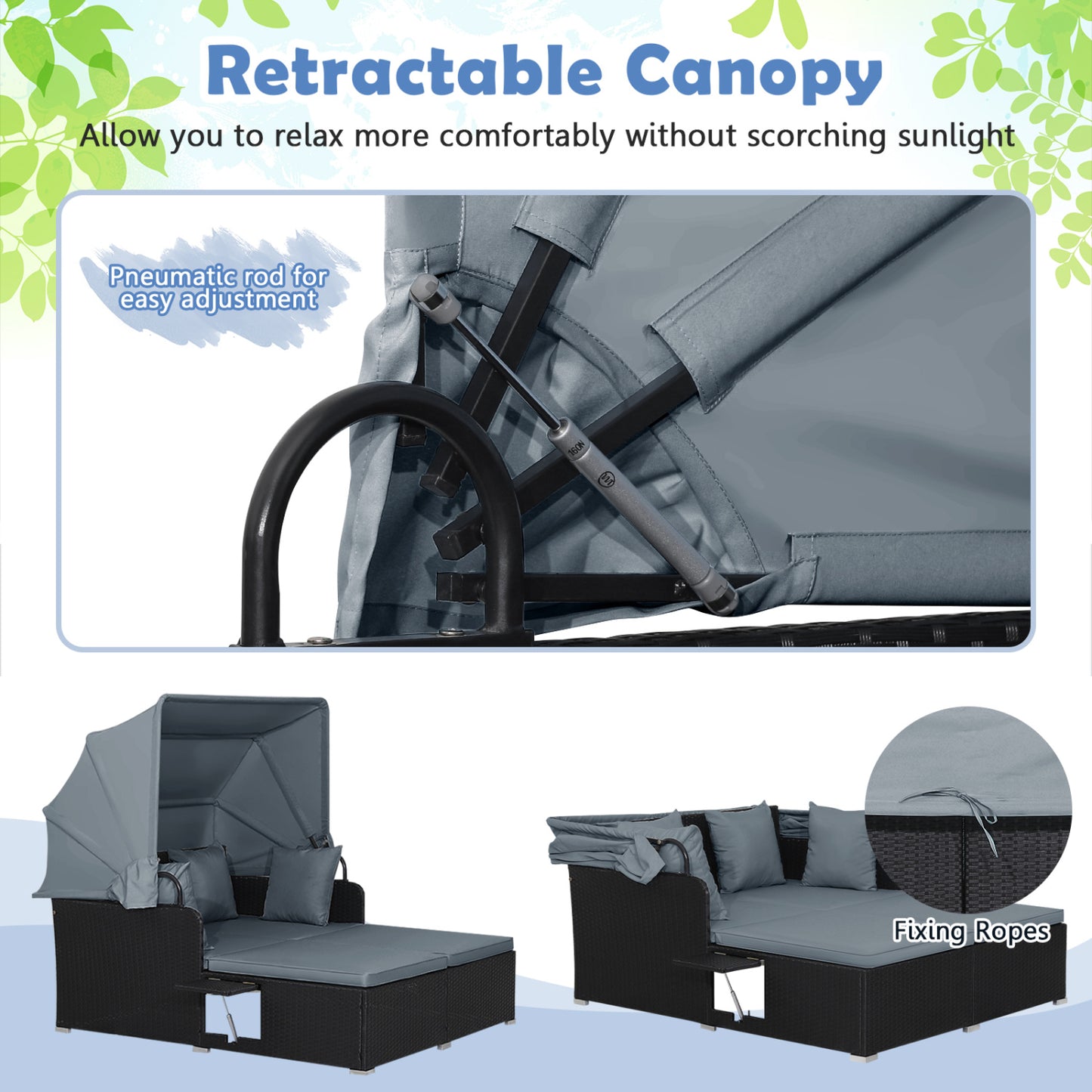 Patio Rattan Daybed With Retractable Canopy, Side Tables, Gray Outdoor Sectionals at Gallery Canada