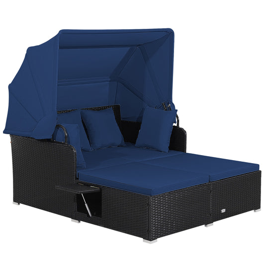 Patio Rattan Daybed With Retractable Canopy, Side Tables, Navy Outdoor Sectionals Navy at Gallery Canada