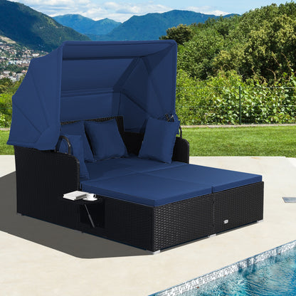 Patio Rattan Daybed With Retractable Canopy, Side Tables, Navy Outdoor Sectionals at Gallery Canada