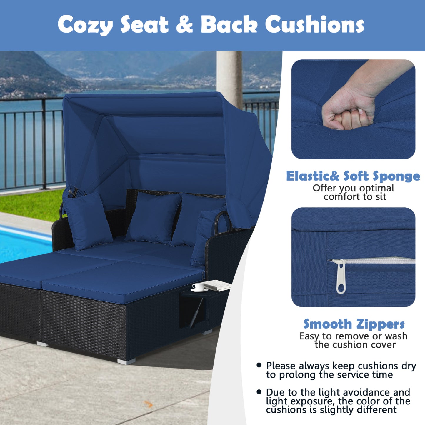 Patio Rattan Daybed With Retractable Canopy, Side Tables, Navy Outdoor Sectionals at Gallery Canada