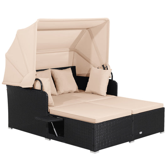 Patio Rattan Daybed With Retractable Canopy, Side Tables, Beige Outdoor Sectionals Beige at Gallery Canada