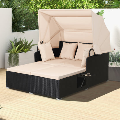 Patio Rattan Daybed With Retractable Canopy, Side Tables, Beige Outdoor Sectionals at Gallery Canada