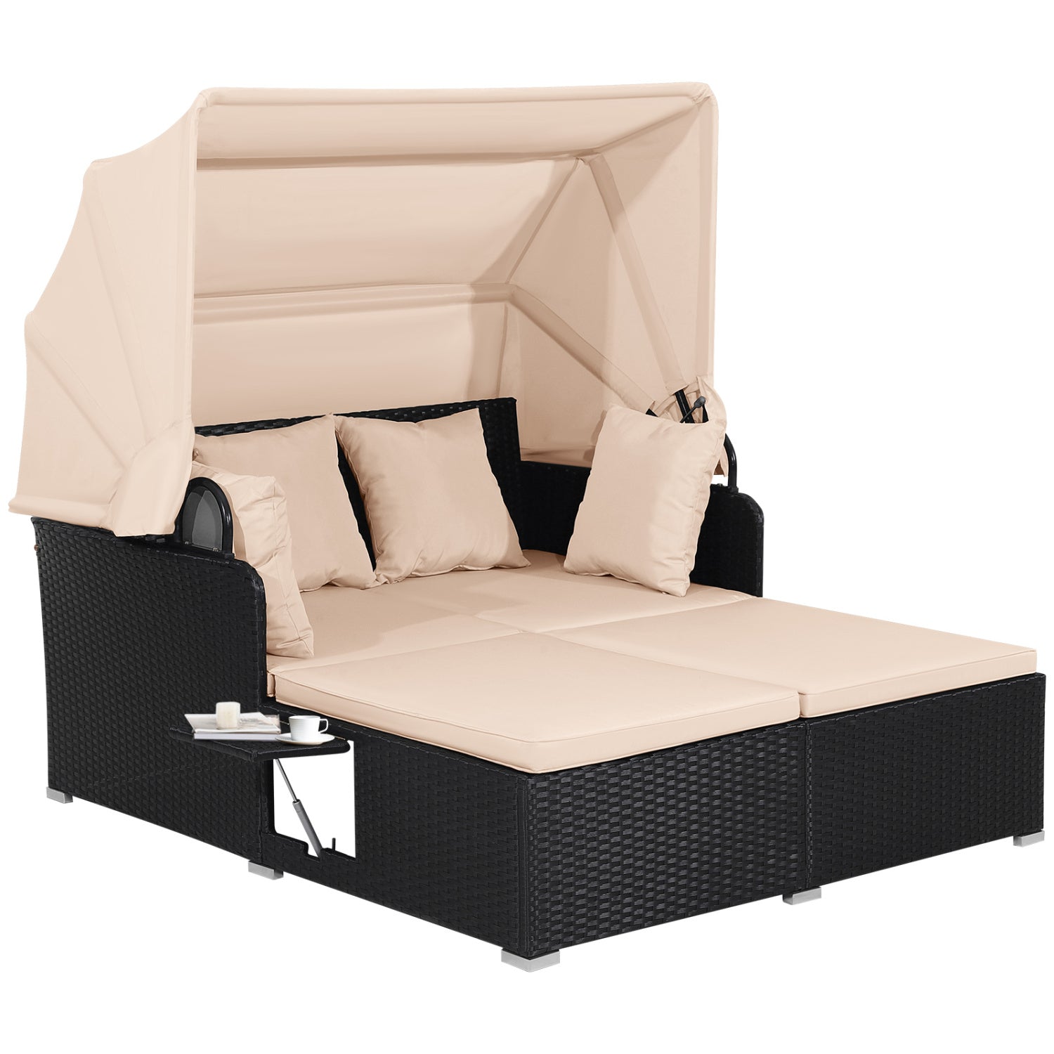 Patio Rattan Daybed With Retractable Canopy, Side Tables, Beige Outdoor Sectionals at Gallery Canada