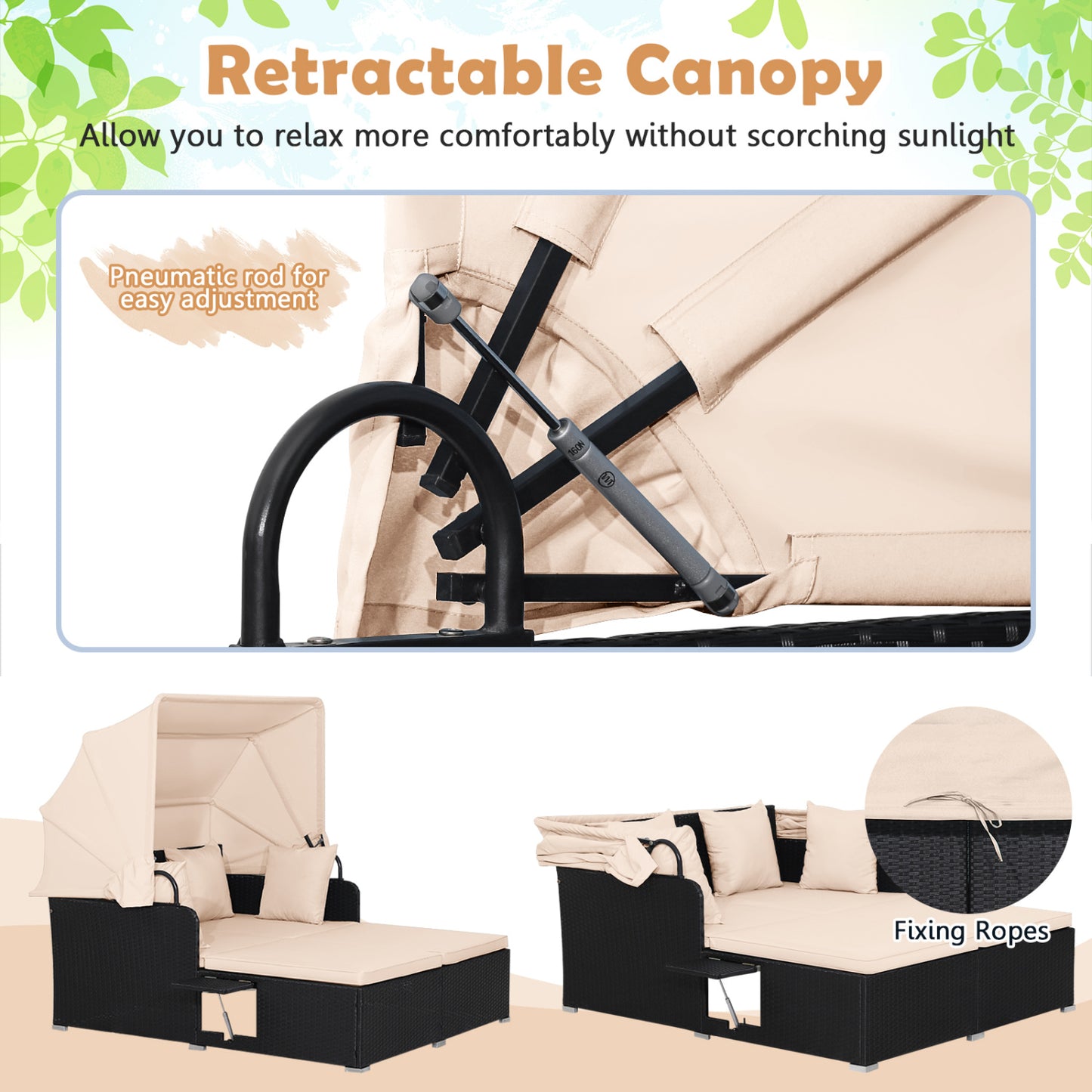 Patio Rattan Daybed With Retractable Canopy, Side Tables, Beige Outdoor Sectionals at Gallery Canada