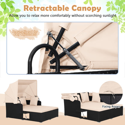 Patio Rattan Daybed With Retractable Canopy, Side Tables, Beige Outdoor Sectionals at Gallery Canada