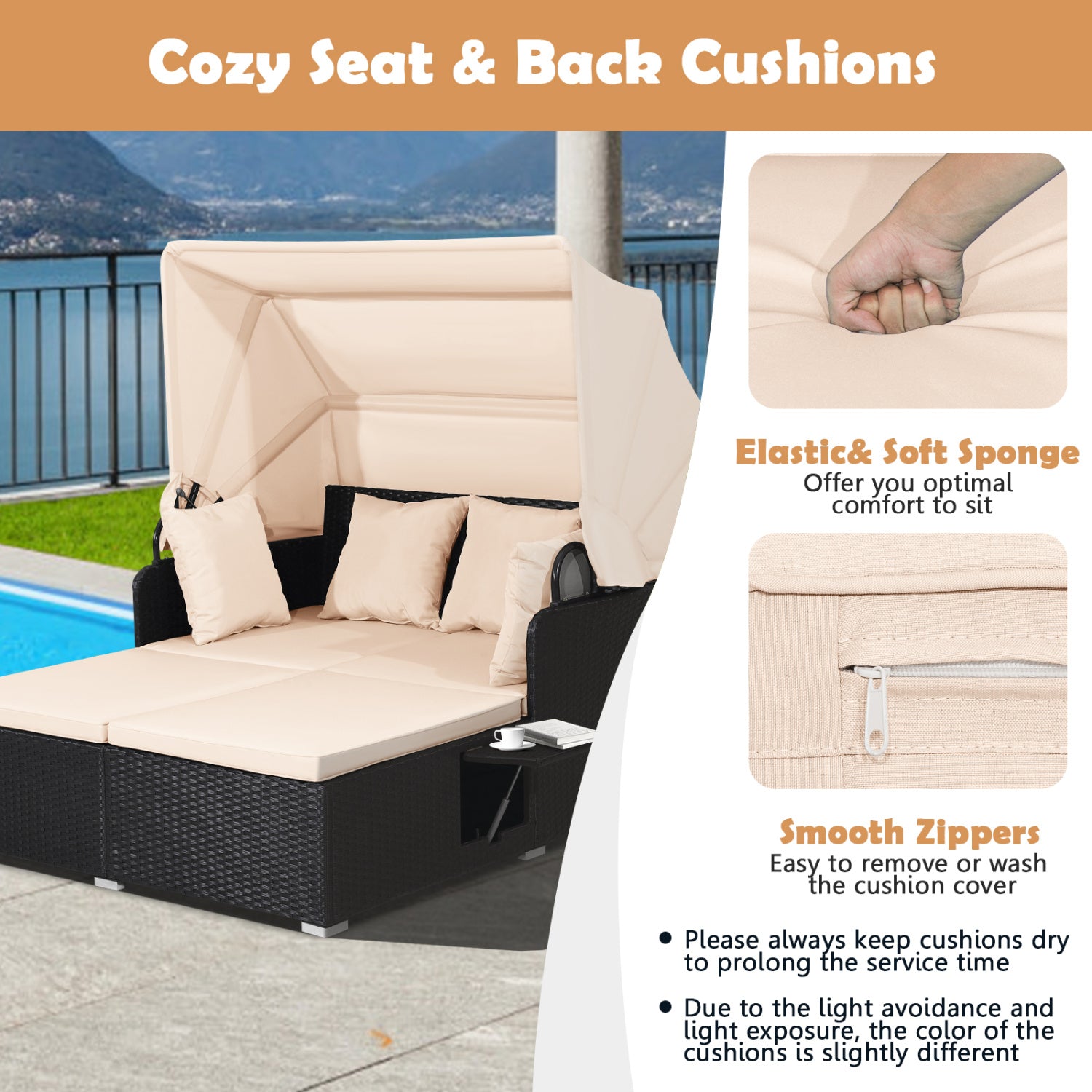 Patio Rattan Daybed With Retractable Canopy, Side Tables, Beige Outdoor Sectionals at Gallery Canada