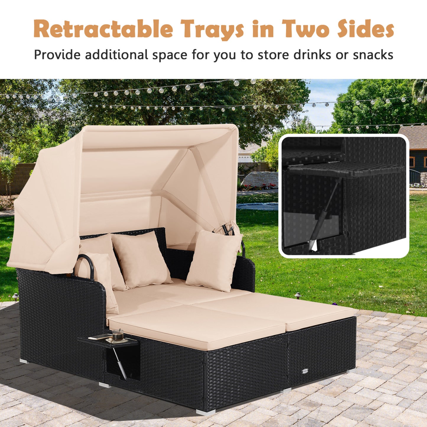 Patio Rattan Daybed With Retractable Canopy, Side Tables, Beige Outdoor Sectionals at Gallery Canada