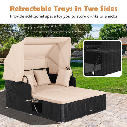 Patio Rattan Daybed With Retractable Canopy, Side Tables, Beige Outdoor Sectionals at Gallery Canada