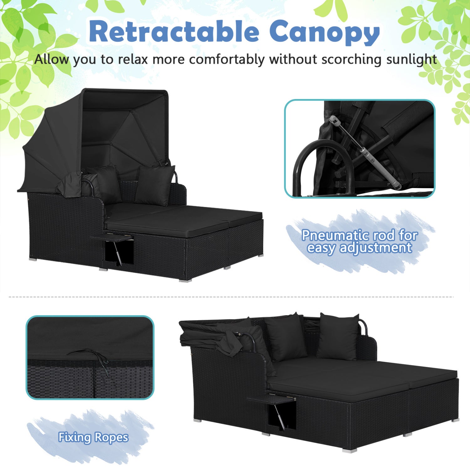 Patio Rattan Daybed With Retractable Canopy, Side Tables, Black Outdoor Sectionals at Gallery Canada