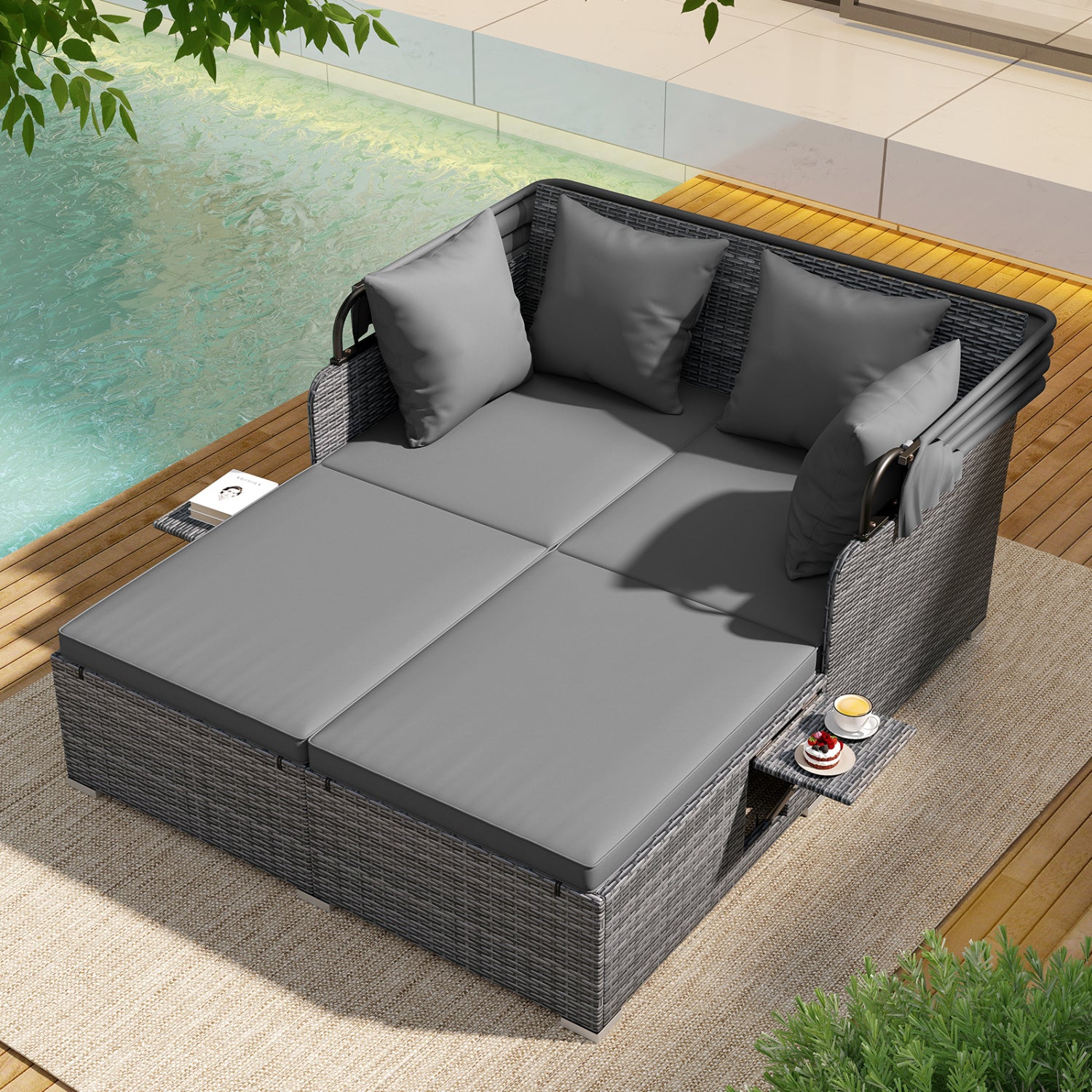 Patio Rattan Daybed with Retractable Canopy and Side Tables-Mix Gray, Mix Grey-grey Outdoor Sectionals at Gallery Canada
