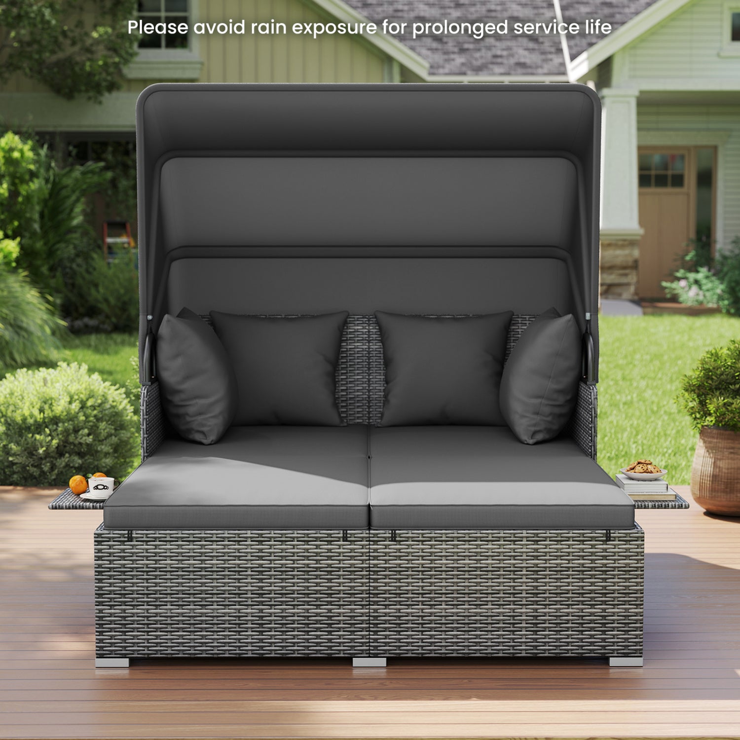 Patio Rattan Daybed with Retractable Canopy and Side Tables-Mix Gray, Mix Grey-grey Outdoor Sectionals at Gallery Canada