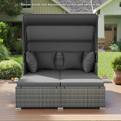 Patio Rattan Daybed with Retractable Canopy and Side Tables-Mix Gray, Mix Grey-grey Outdoor Sectionals at Gallery Canada