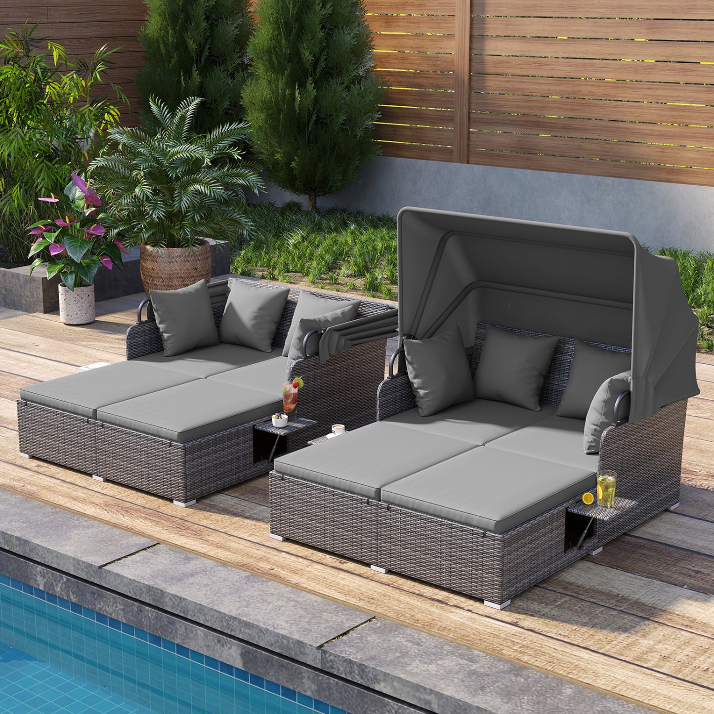 Patio Rattan Daybed with Retractable Canopy and Side Tables-Mix Gray, Mix Grey-grey Outdoor Sectionals at Gallery Canada