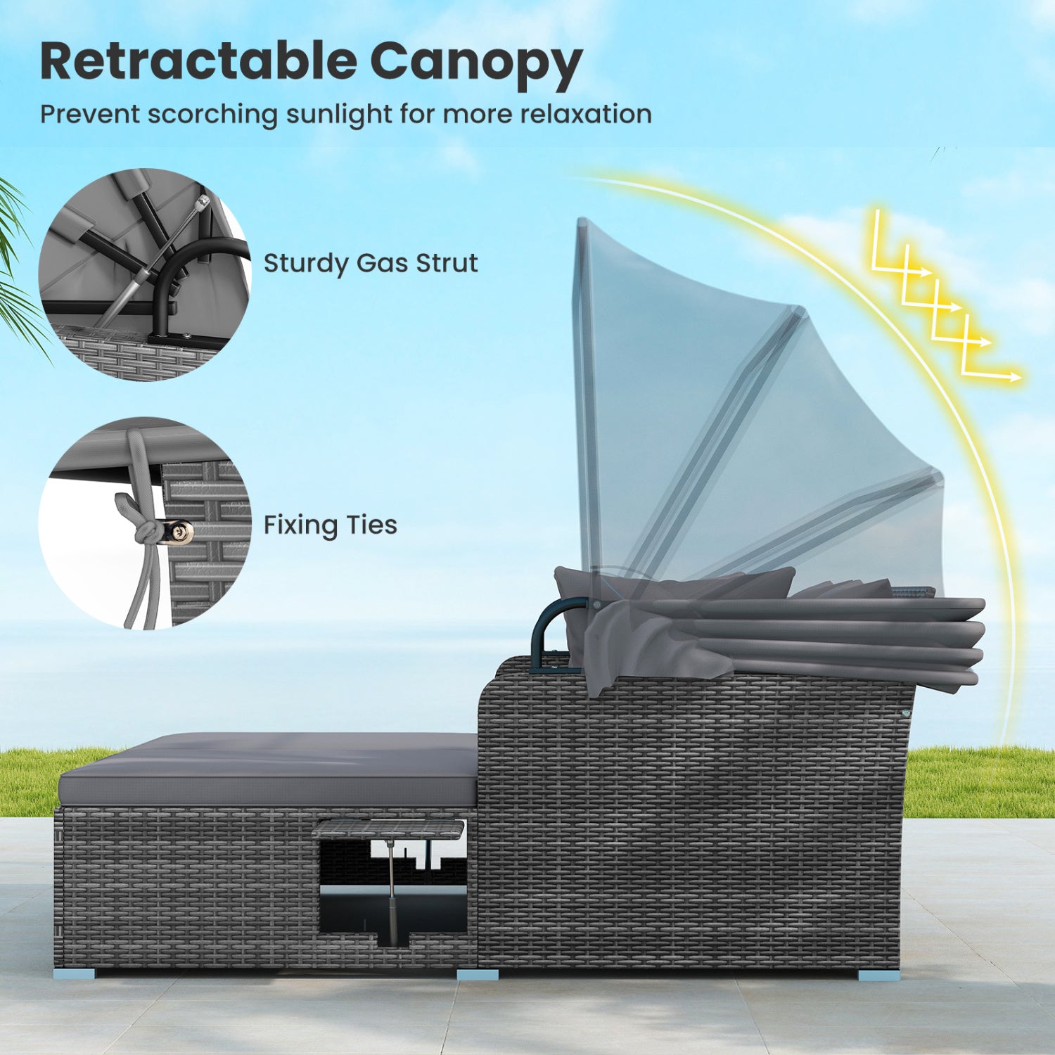 Patio Rattan Daybed with Retractable Canopy and Side Tables-Mix Gray, Mix Grey-grey Outdoor Sectionals at Gallery Canada