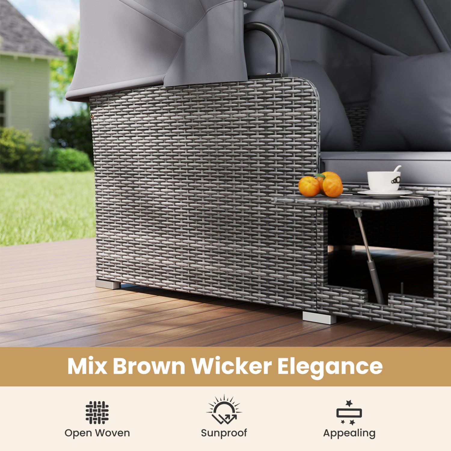 Patio Rattan Daybed with Retractable Canopy and Side Tables-Mix Gray, Mix Grey-grey Outdoor Sectionals at Gallery Canada