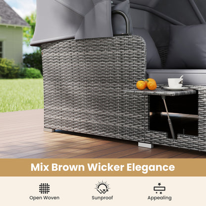 Patio Rattan Daybed with Retractable Canopy and Side Tables-Mix Gray, Mix Grey-grey Outdoor Sectionals at Gallery Canada
