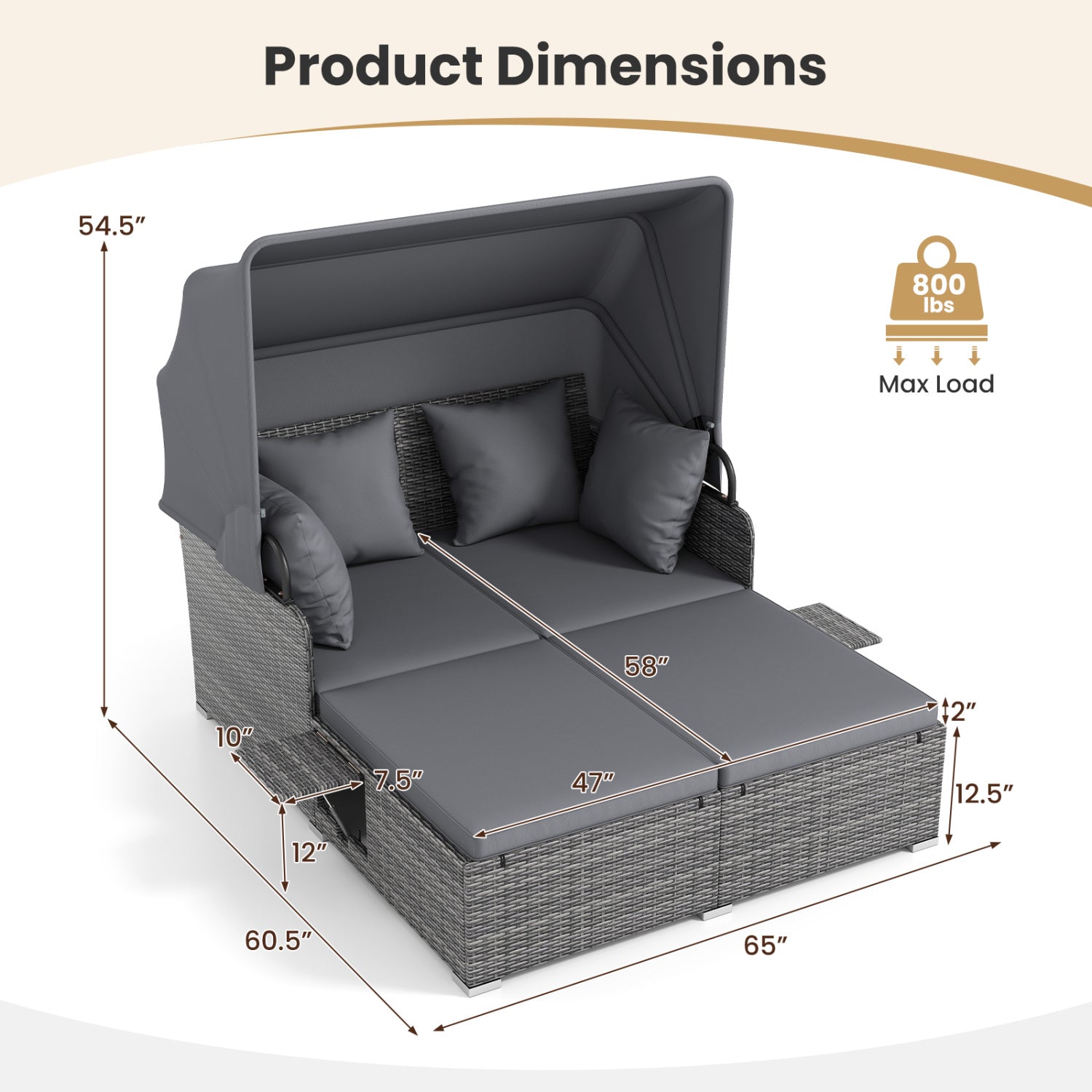 Patio Rattan Daybed with Retractable Canopy and Side Tables-Mix Gray, Mix Grey-grey Outdoor Sectionals at Gallery Canada