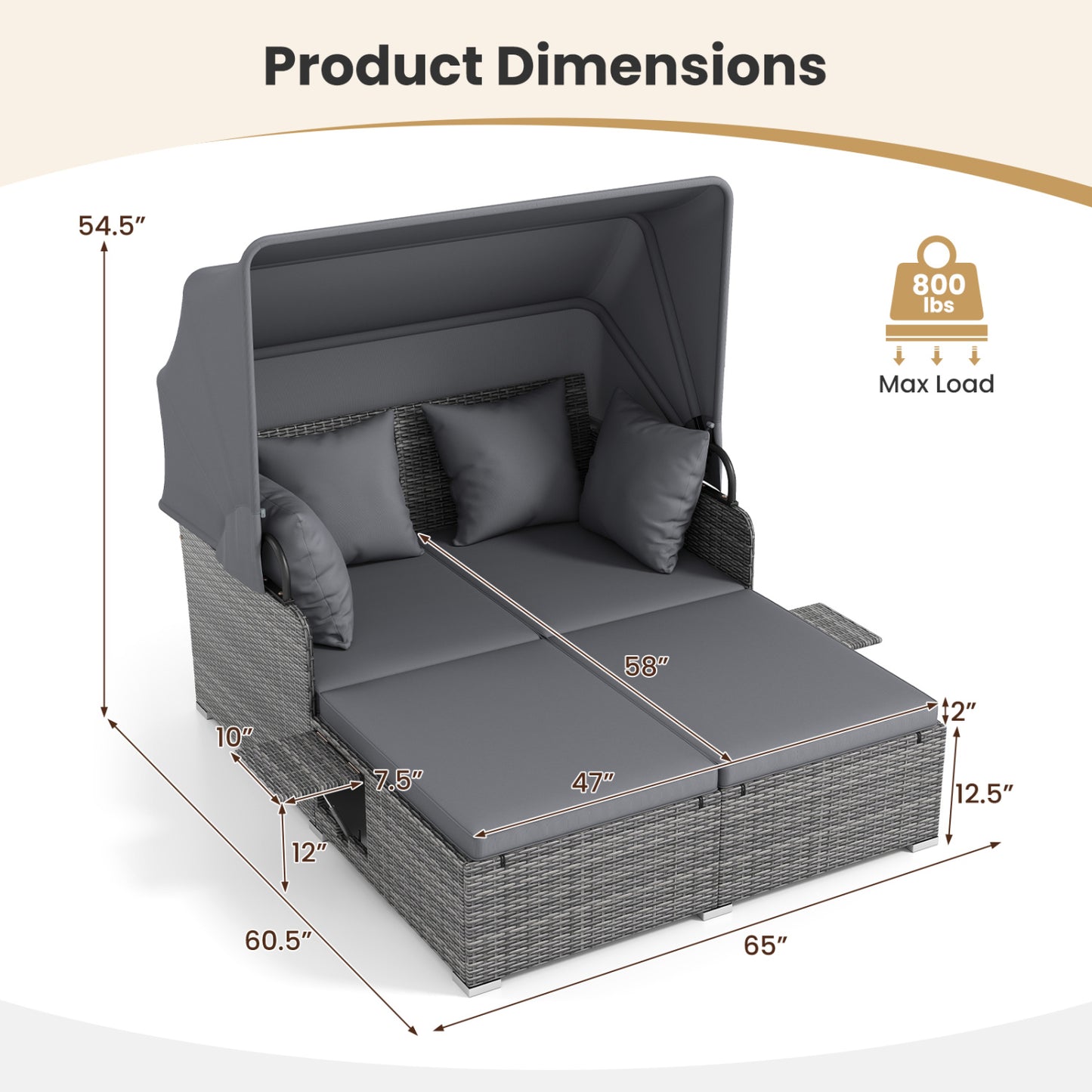 Patio Rattan Daybed with Retractable Canopy and Side Tables-Mix Gray, Mix Grey-grey Outdoor Sectionals at Gallery Canada