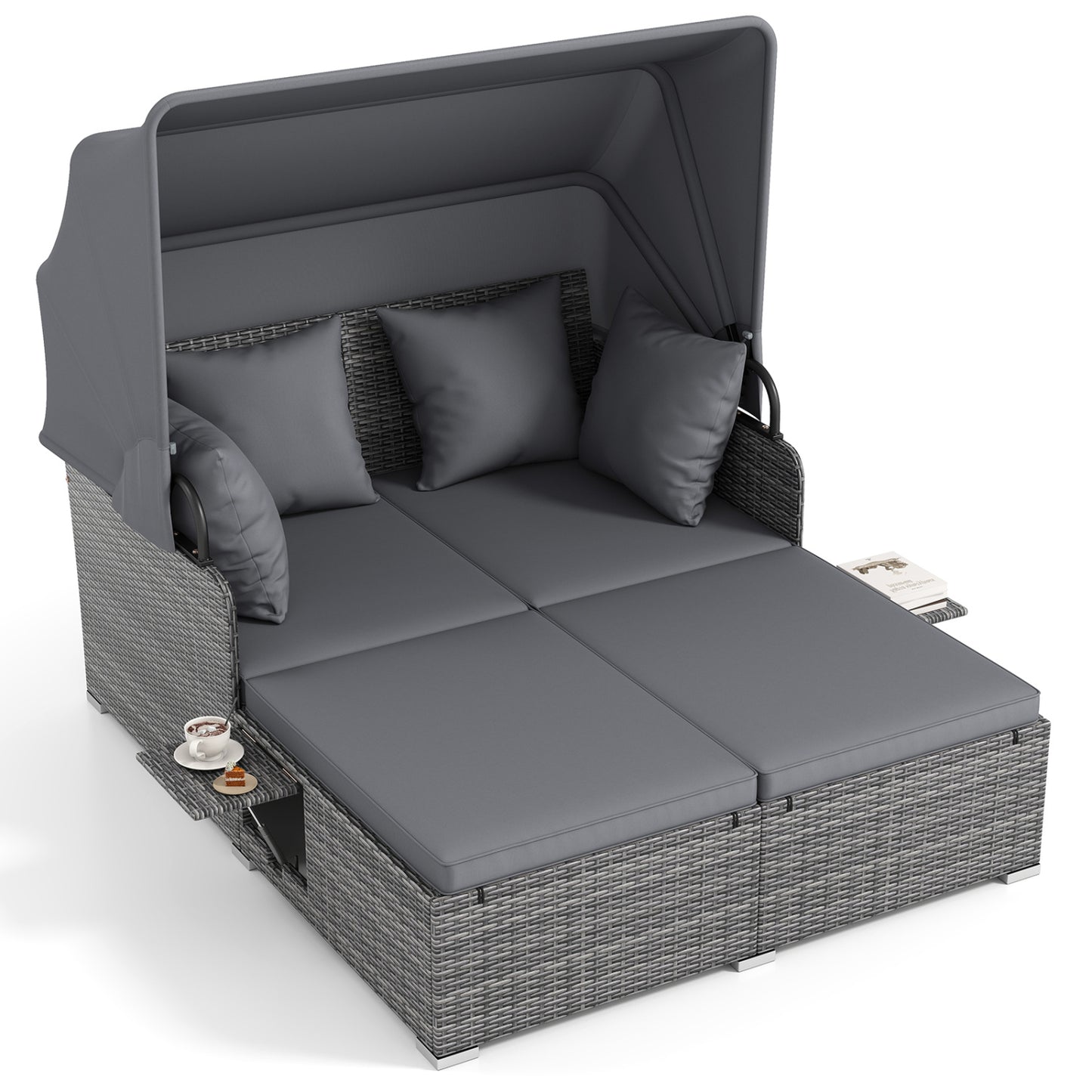 Patio Rattan Daybed with Retractable Canopy and Side Tables-Mix Gray, Mix Grey-grey Outdoor Sectionals Mix Grey-grey at Gallery Canada