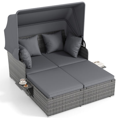 Patio Rattan Daybed with Retractable Canopy and Side Tables-Mix Gray, Mix Grey-grey Outdoor Sectionals Mix Grey-grey at Gallery Canada
