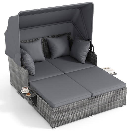 Patio Rattan Daybed with Retractable Canopy and Side Tables-Mix Gray, Mix Grey-grey Outdoor Sectionals Mix Grey-grey at Gallery Canada