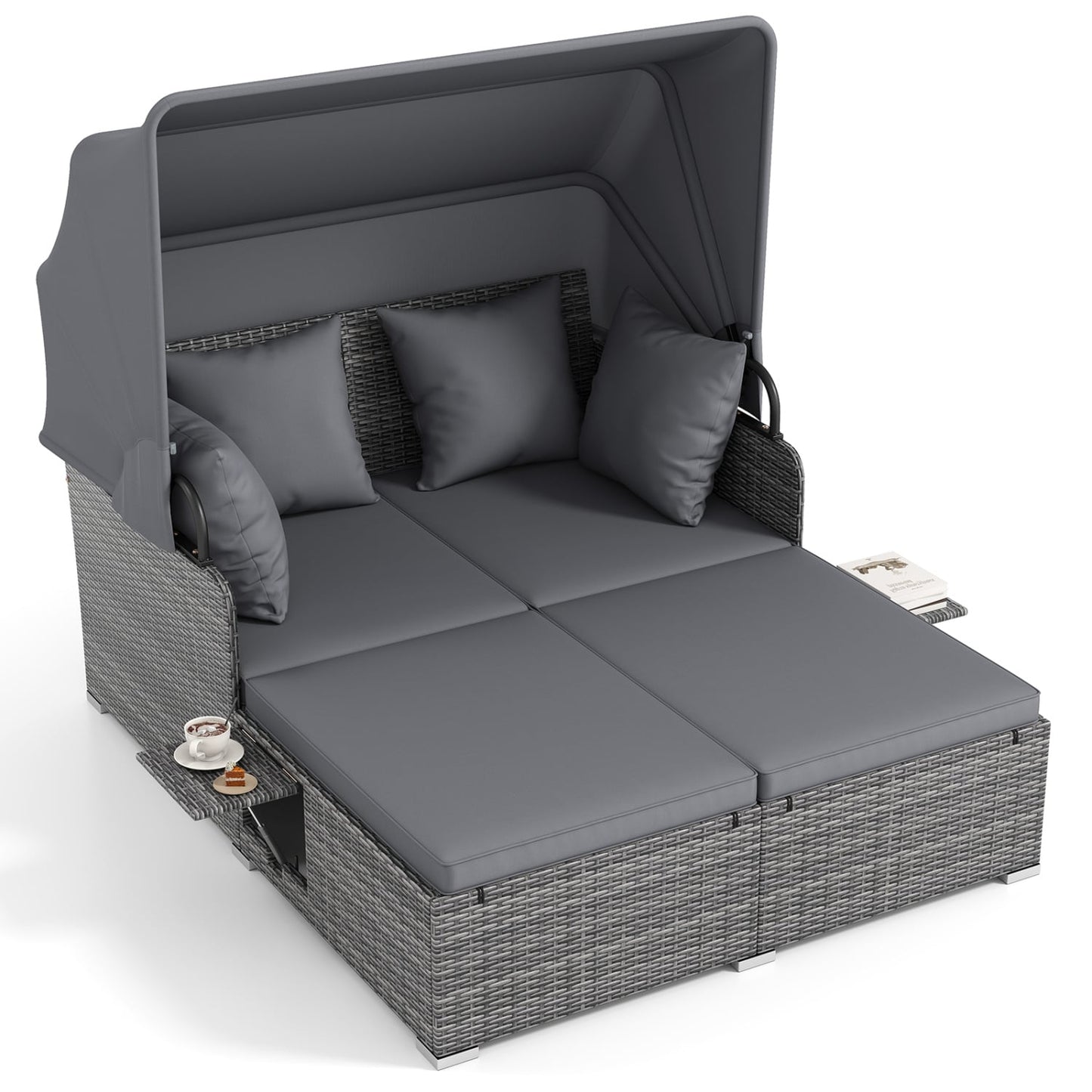 Patio Rattan Daybed with Retractable Canopy and Side Tables-Mix Gray, Mix Grey-grey Outdoor Sectionals at Gallery Canada