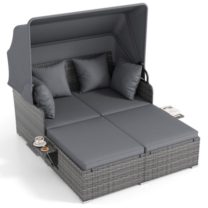 Patio Rattan Daybed with Retractable Canopy and Side Tables-Mix Gray, Mix Grey-grey Outdoor Sectionals at Gallery Canada
